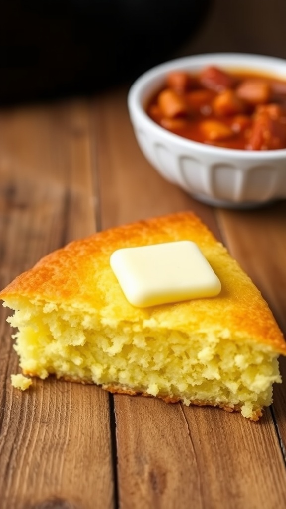 A slice of fluffy air fryer Jiffy cornbread with butter on top next to a bowl of chili.